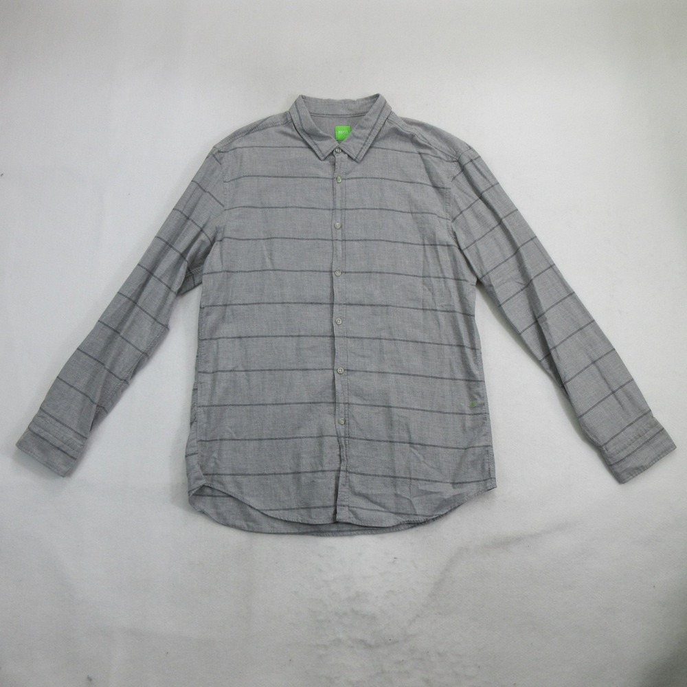 Hugo Boss Men's Shirt XXL Slim Fit Gray Striped Long Sleeve Button Down Casual